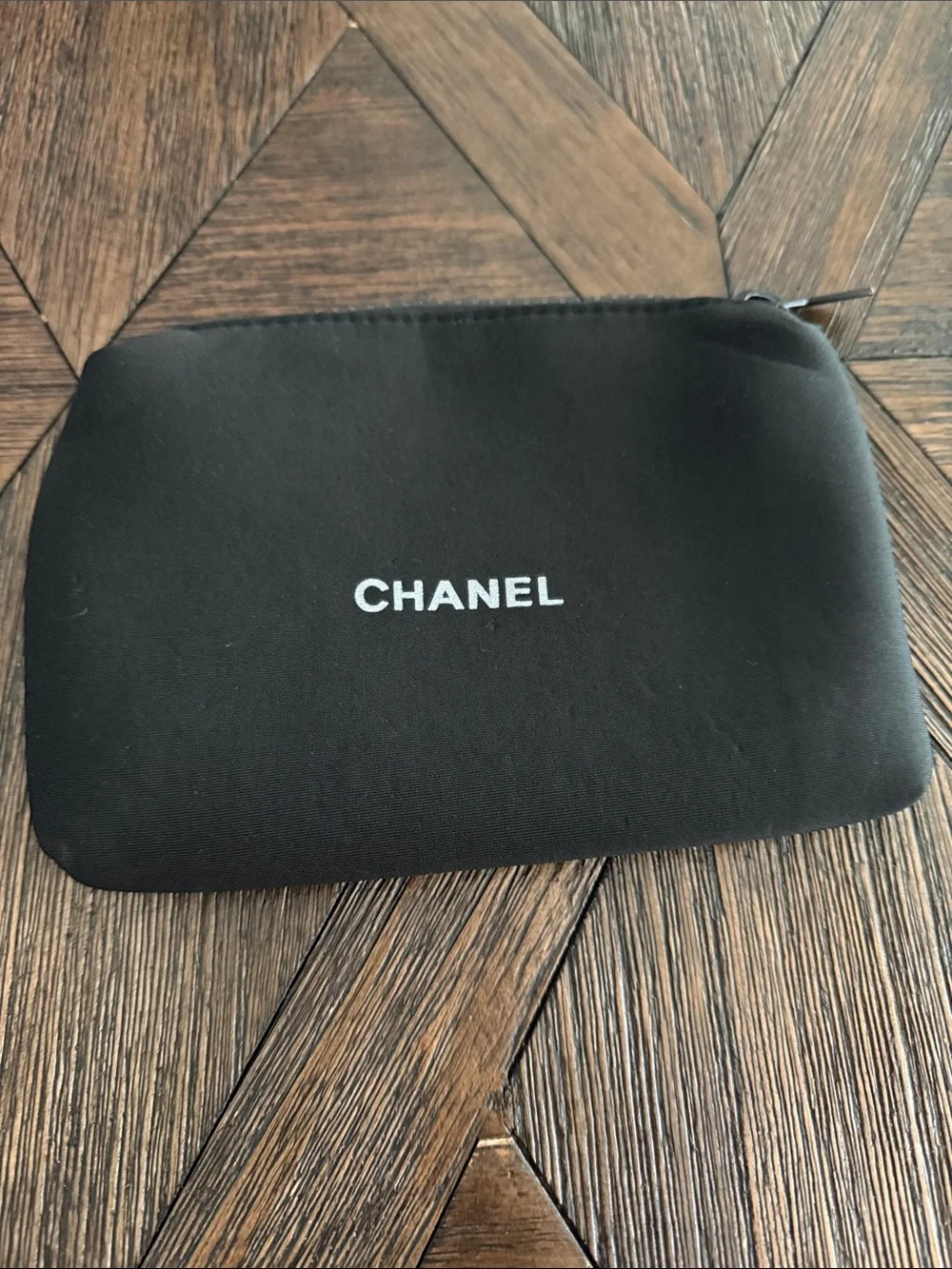 CHANEL Black Neoprene Cosmetic Pouch Makeup Bag Zip Case